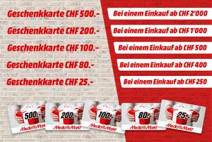 Mediamarkt Schweiz - Geschenkkarte von CHF 25,-bis zu CHF 500,- ab CHF 250,- / NUR NOCH HEUTE
