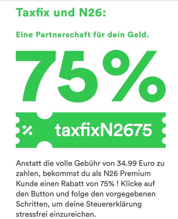 75% Rabatt bei der Steuererklärung bei Taxfix, 8,75€ werden nur fällig bei einer Steuererstattung > 50€