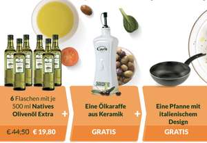 Olio Carli Erstbesteller: 6 Flaschen Natives Olivenöl Extra je 500ml + Ölkaraffe aus Keramik + Ballarini Bratpfanne für 19,80€ inkl. Versand