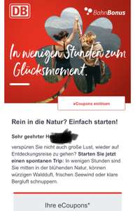 Deutsche Bahn BahnBonus eCoupon 10€/15€ ab 49€/59€ (personalisiert)