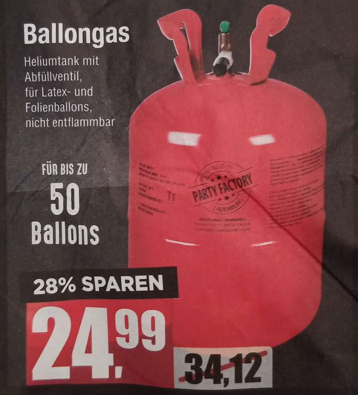 Ballongas (Helium) für bis zu 50 Ballons bei Mäc-Geiz (offline)
