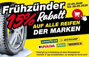 15% Rabatt auf alle Reifen der Marken Goodyear, Dunlop, Fulda, Sava und Debica!