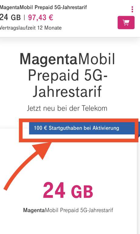 Telekom MagentaMobil Prepaid 5G-Jahrestarif, inkl. Optionen und Rabatte 100€ Guthaben