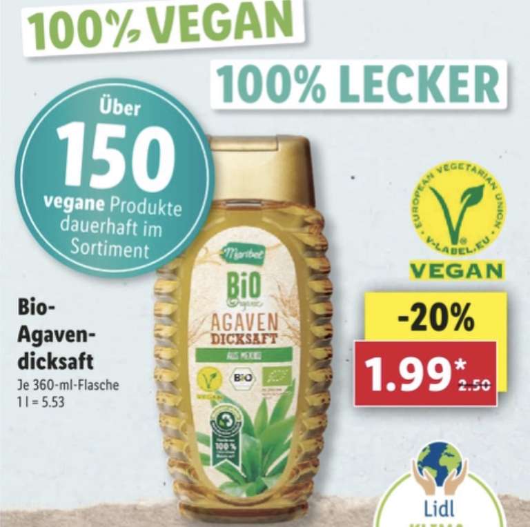 Lidl: Bio Agavendicksaft vegan 360ml Flasche für 1,99€