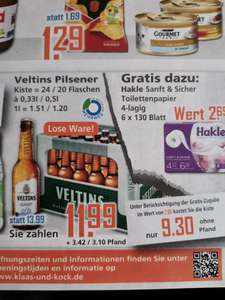 Kiste Veltins Pilsener + gratis Hakle Toilettenpapier 6x130 Blatt bei K+K
