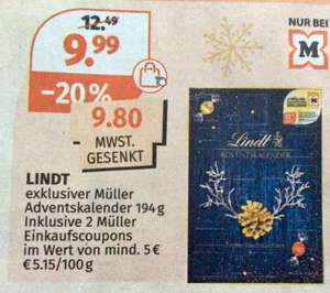 [Müller] Adventskalender von Lindt inklusive 2 Müller Einkaufscoupons im Wert von mindestens 5€