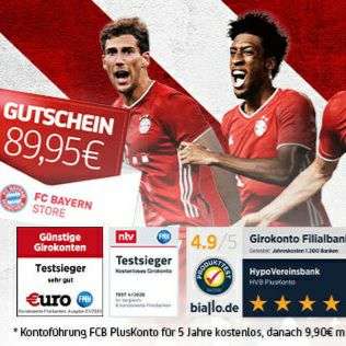 [Hypovereinsbank] FC Bayern München PlusKonto, Giro + KK 5Jahre ohne Gebühr + 60€ Shoop-CB + ggf. FCB Shop-GS 89,95€ bei 3xGeldeingang >500€