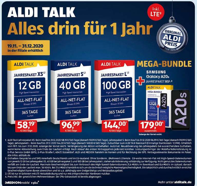 ALDI TALK Mega-Bundle: Jahrespaket XS (Allnet Flat, 12 GB LTE für 365 Tage) + Samsung Galaxy A20s ab 19.11. [ALDI-Nord+Süd]