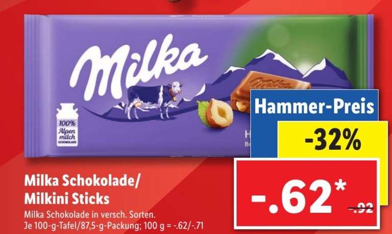Lidl 9x Milka Schokolade 85g/100g mit Coupies Cashback für 3,58€