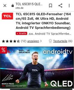 TCL 65C815 QLED-Fernseher (164 cm/65 Zoll, 4K Ultra HD, Android TV, integrierter ONKYO Soundbar, Android TV Sprachfernbedienung)
