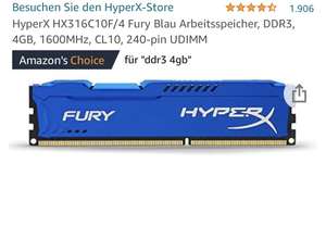 Prime / HyperX Fury 4gb DDR3 Ram 1600mhz