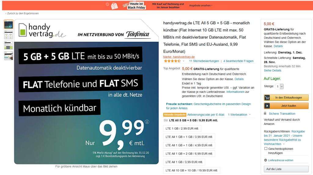 Handyvertrag.de mit 10 GB LTE monatlich kündbar (9,99 EUR monatl.) via amazon für 6 EUR statt 9,99 EUR Bereitstellung