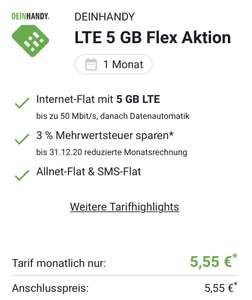 DEINHANDY LTE 5/16/20 GB Flex Aktion Allnet- & SMS-Flat (o2-Netz) für 5,55€/9,99€/14,99€ (monatlich kündbar)