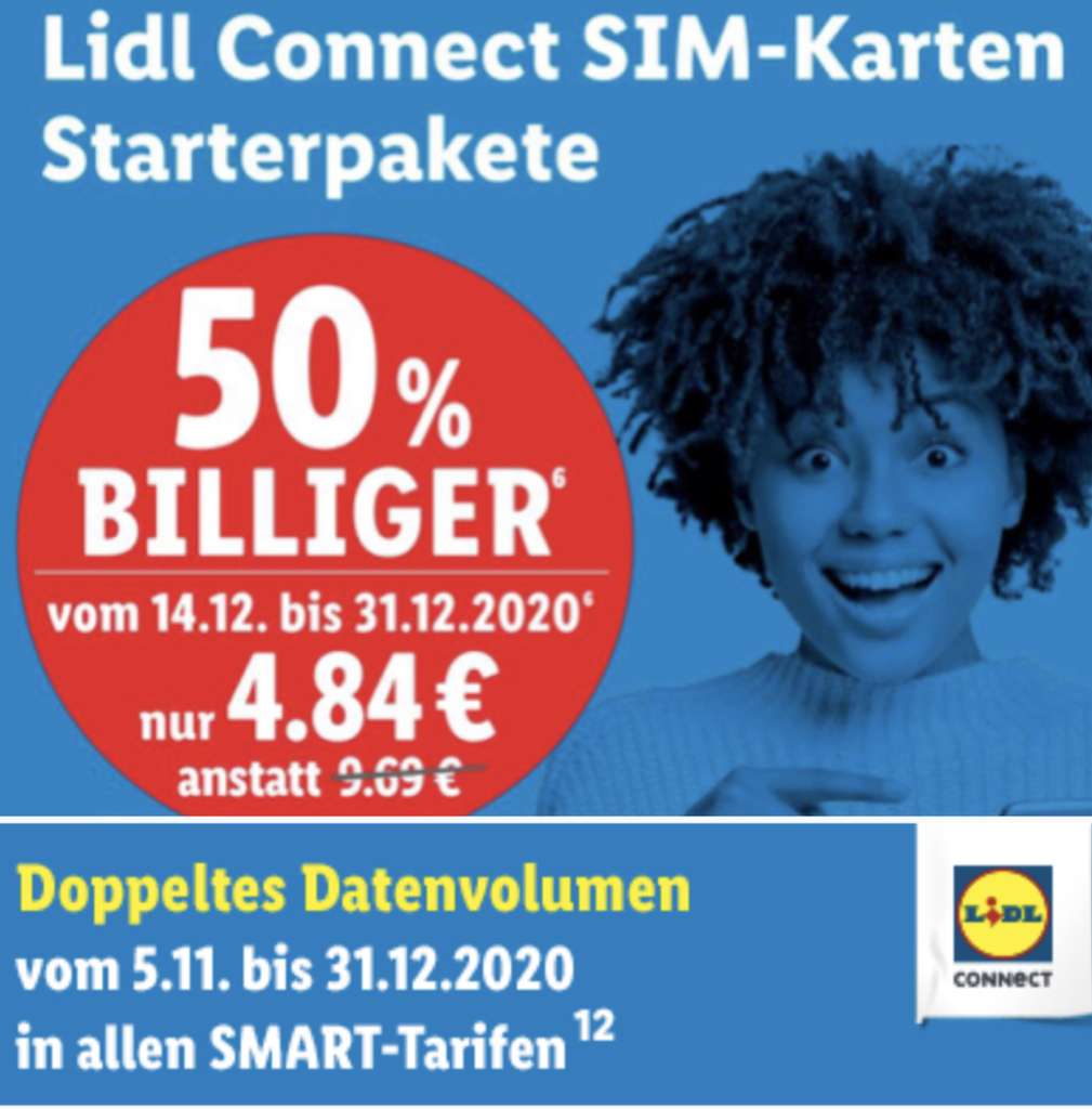 Lidl: 50% Rabatt auf Lidl Connect Starterpakete inkl. 10€ Startguthaben + Doppeltes Datenvolumen 3 x 4 Wochen / Online u. in den Filialen