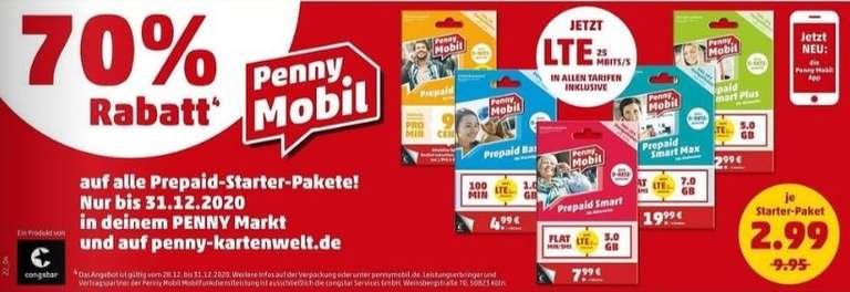 Penny Mobil (Congstar) Prepaid Starter-Paket für 2,99€ [Penny]