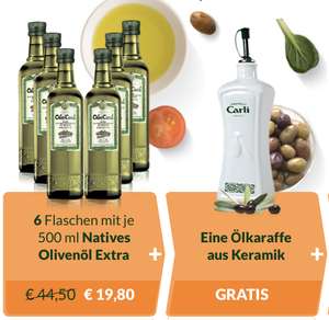 Olio Carli Erstbesteller: 6 Flaschen Natives Olivenöl Extra je 500ml + Ölkaraffe aus Keramik für 19,80€ inkl. Versandkosten