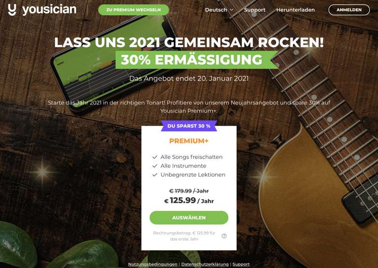 30% bzw. 82% auf YOUSICIAN Yearly Premium+ Subscription