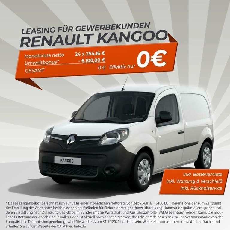 [Gewerbeleasing] GRATIS Renault Kangoo Z.E. Elektro (60 PS) inkl. Überführung und Wartung & Verschleiß - LF: 0,00