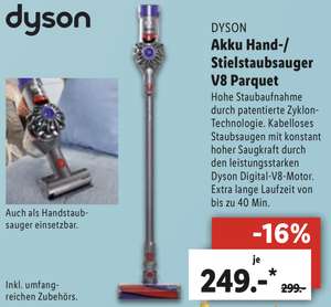 Lidl Berlin u. Regensburg: Dyson V8 Parquet Akku Handstaubsauger inkl. umfangreichen Zubehör für 244€
