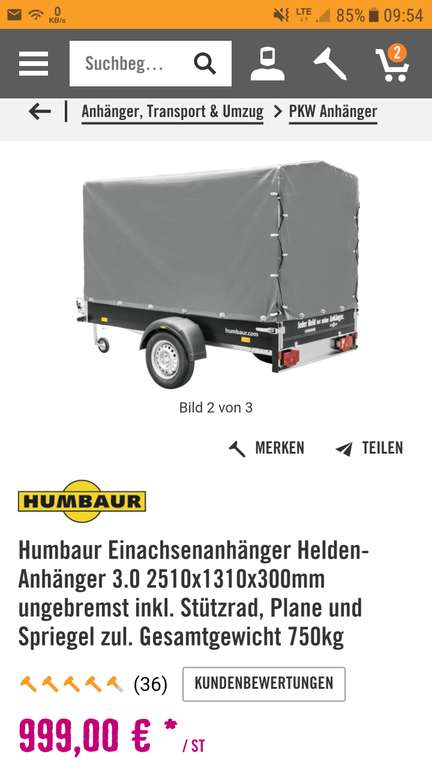 Humbaur PKW Einachsenanhänger Helden-Anhänger 3.0 2510x1310x300mm ungebremst inkl. Stützrad, Plane und Spriegel zul. Gesamtgewicht 750kg