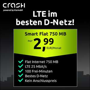 [Telekom-Netz] 750MB LTE (25 Mbit/s) Crash Tarif + 100 Freiminuten für mtl. 2,99€ & ohne Anschlusspreis, mit VoLTE, WLAN Call