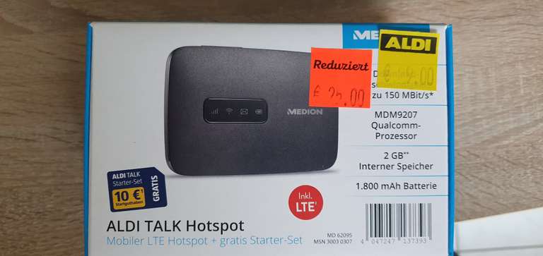 (Lokal Aldi Höxter) Mobiler LTE-Hotspot MD62095 incl. 10,- Aldi Talk Starter-Set