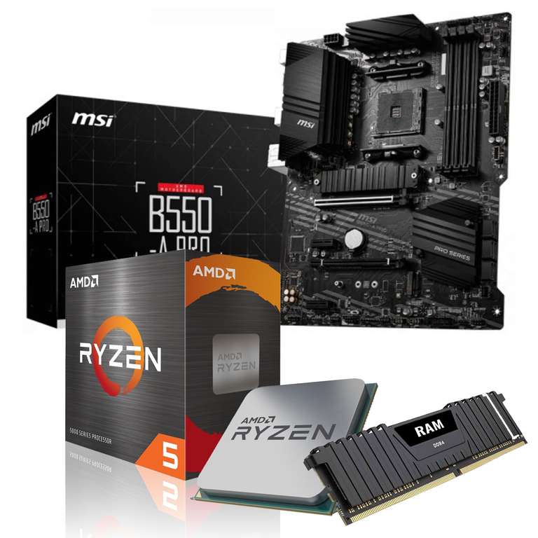 Vormontiertes Aufrüst-Kit: MSI B550-A Pro + AMD Ryzen 5 5600X (inkl. Kühler) + 16GB DDR4-3200 (2x 8GB Dual Channel)