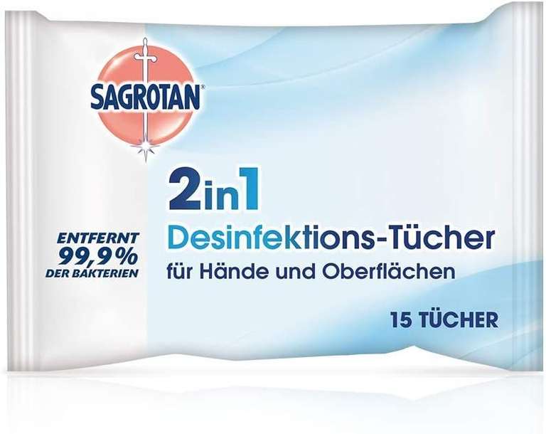 Amazon.de Coupon + Sparabo - Sagrotan 2in1-Desinfektionstücher – 1 x 15 Feuchttücher in wiederverschließbarer Verpackung - 15% möglich