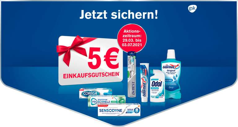 5€ Einkaufsgutschein beim Kauf von Sensodyne, Dr.Best, Odol, Corega Produkten im Wert von 10€