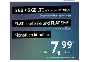 handyvertrag.de LTE All 5 GB + 3 GB - monatlich kündbar (Flat Internet 8 GB LTE mit max. 50 MBit/s