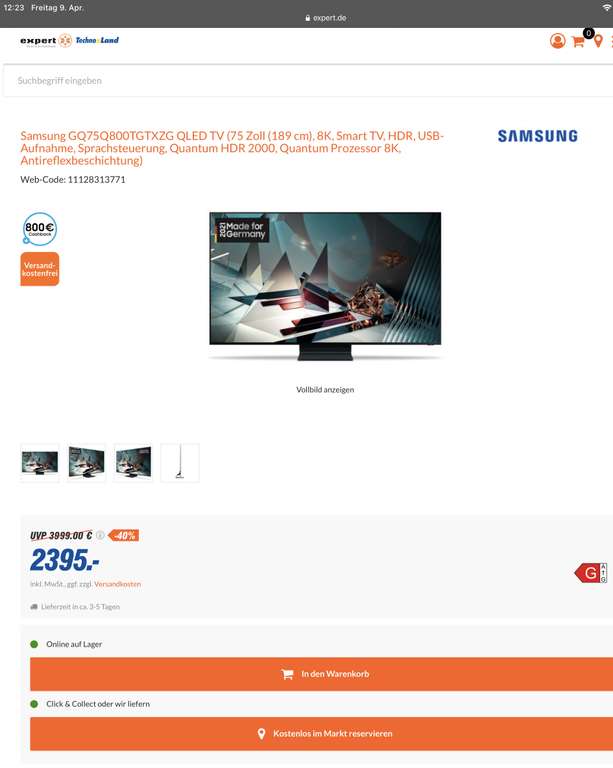 Samsung GQ75Q800TGTXZG QLED => eff. 1595 €