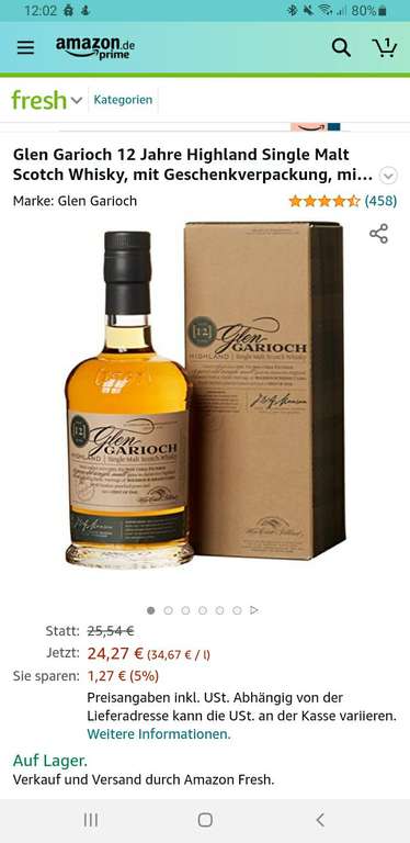 (Amazon Fresh) Glen Garioch 12 Jahre Highland Single Malt Scotch Whisky, mit Geschenkverpackung, mit Finish in Bourbon- und Sherryfässern