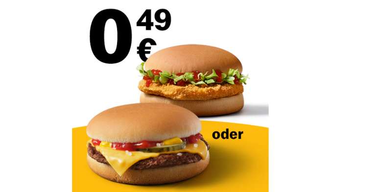 1x Cheese- oder Chickenburger für 0,49€ [McDonald's App] (ggf. Lokal)