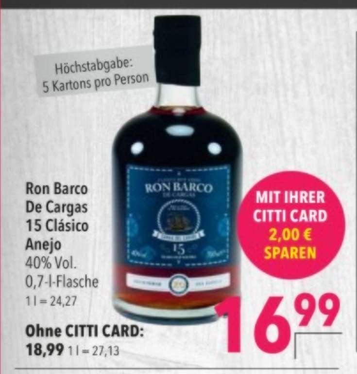[Citti Markt] Ron Barco de Cargas 15 jahre Solera Rum (alternativ im Scandinavian Park für 22,89 Euro)
