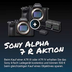 Bei Kauf von Sony Alpha 7 R III / 7 R IV: Gratis Sony Ladegerät NPAMQZ1K & 500€ Sofortrabatt bei passendem E-Mount Objektiv