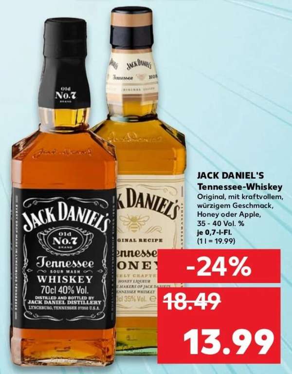 [Kaufland Paderborn] Jack Daniel's Tennessee-Whiskey Original, Honig oder Apfel je 0,7l Flasche