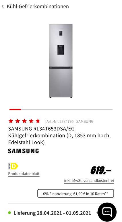 Samsung RL34T653DSA/EG Kühl-/Gefrierkombination / 185 cm Höhe / 331 Liter / Edelstahl Look / No Frost+ / Space Max / Wasserspender