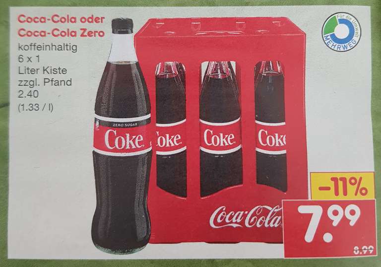 [ NETTO ] Coca-Cola / auch Zero 6x1 Liter GLASFLASCHEN im Kasten