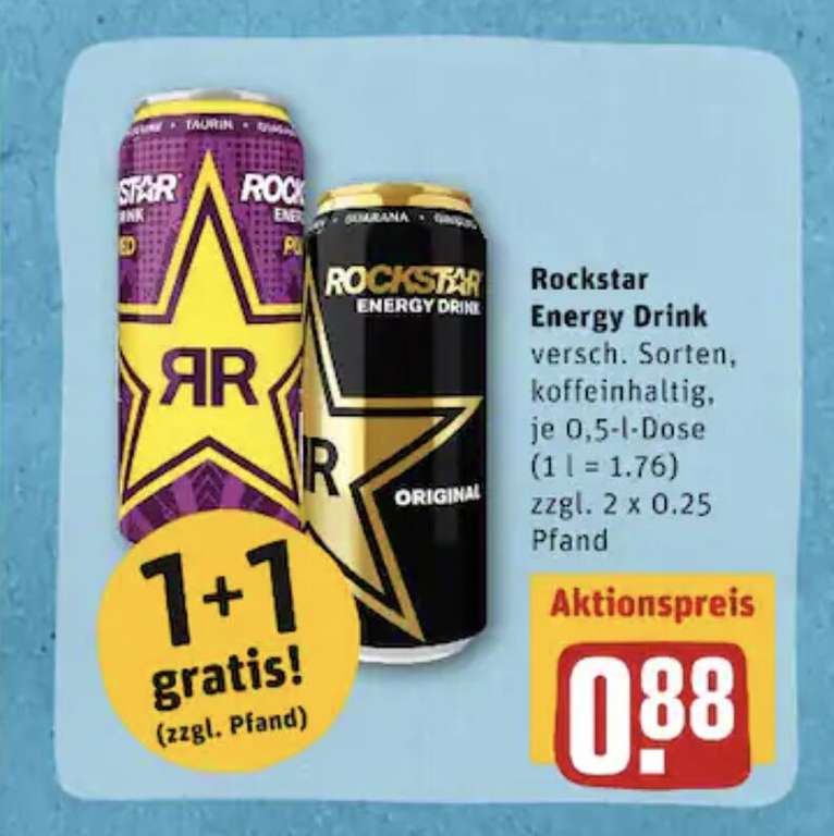 REWE Bundesweit 2 Dosen Rockstar Energy ver. Sorten 0,5l | 0,88€ zzgl. 0,50€ Pfand