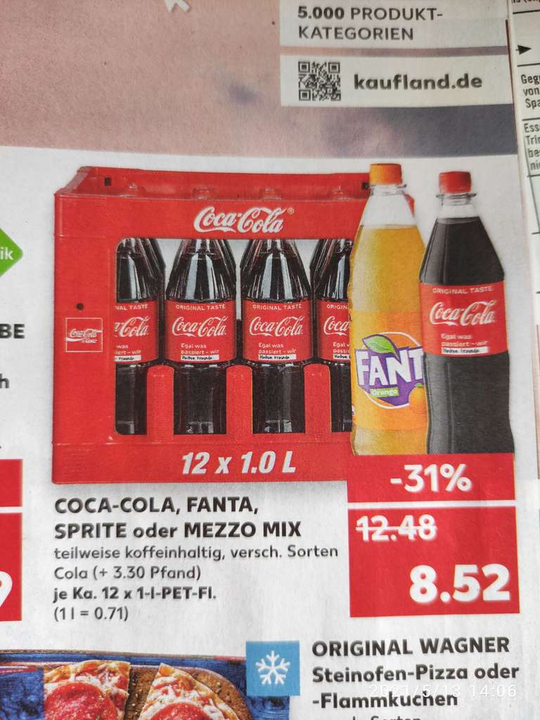 [Kaufland - wahrscheinlich bundesweit] Kiste 12 x 1 Liter Coca-Cola, Fanta, Sprite, Mezzo-Mix verschiedene Sorten plus 3,30 EUR Pfand