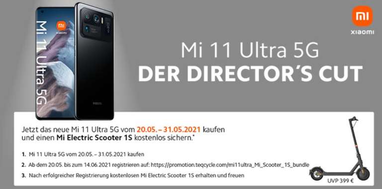 [Vorbesteller] Mi Scooter 1S zum Xiaomi Mi 11 Ultra (6,81" WQHD+ AMOLED 120Hz, 234g, 12/256GB, SD888, NFC, Dual-SIM, IP68, Qi, 5000mAh, 67W)