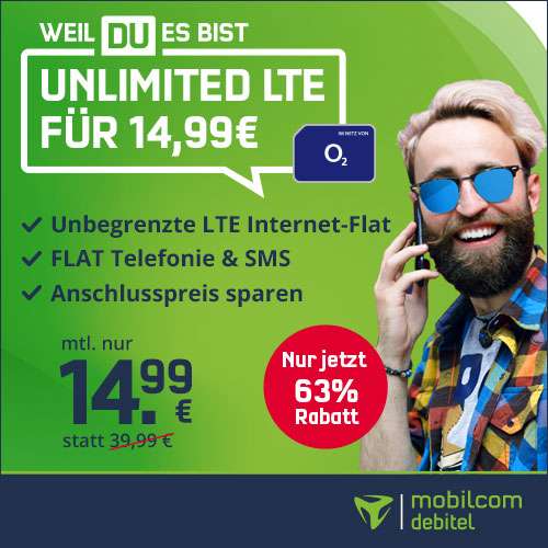 mobilcom-debitel o2 Free Unlimited Smart (unbegrenzt LTE 10 Mbit/s) inkl. Allnet- & SMS-Flat + VoLTE & WLAN Call für 14,99€ / Monat + 0€ AG