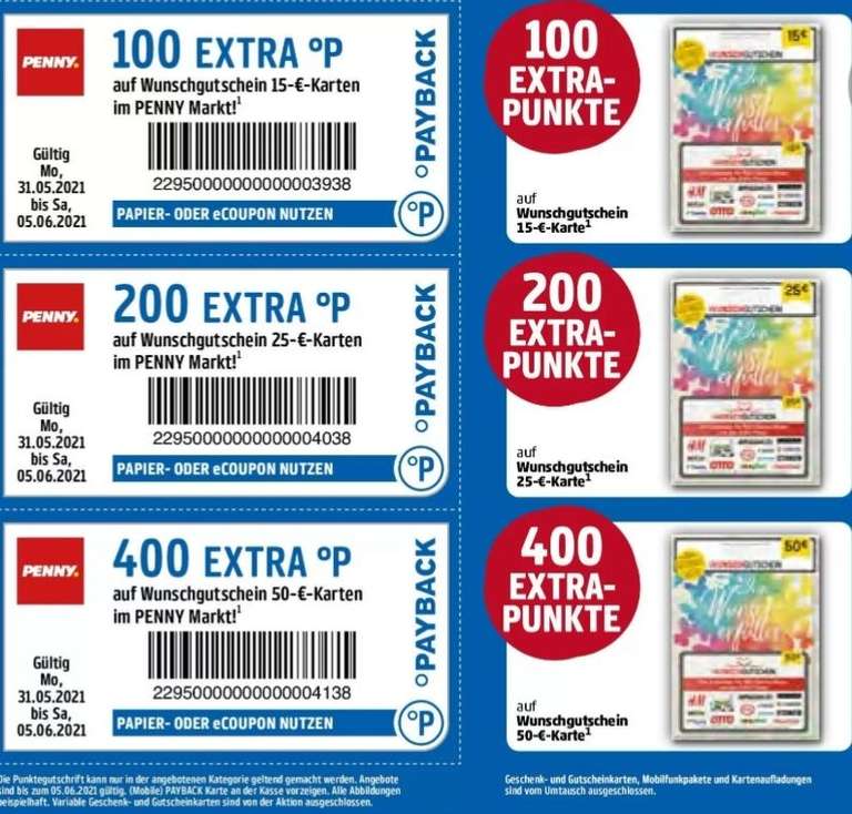 [Penny] Bis zu 400 Extra Payback Punkte auf Wunschgutscheine z.B. Amazon, MediaMarkt, Ikea etc. (bis zu 8% Rabatt möglich)