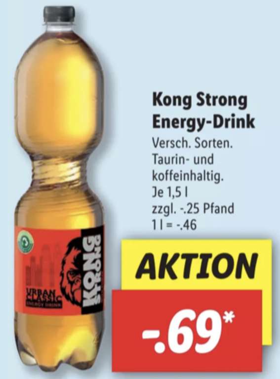 Lidl: KONG STRONG Energy Drink in der 1,5 Liter Flasche Classic o. Sugar-Free für je 0,69€