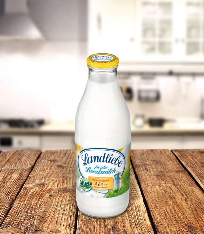 Aldi Nord: 1 Liter Landliebe Milch, 3,8% Fett in der Glasflasche, ab Freitag 11.06.21