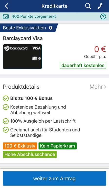 Barclaycard Visa | 100 EUR Startguthaben (ab 500 EUR Umsatz)