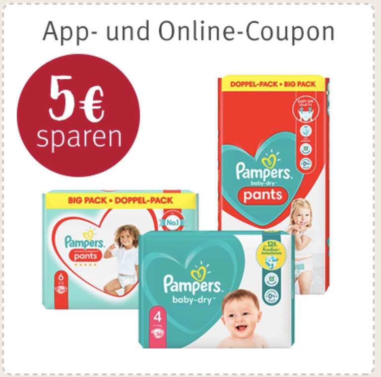 [Rossmann] 5€ Coupon auf Pampers Baby-Dry Windeln oder Pants oder Premium Protection Windeln