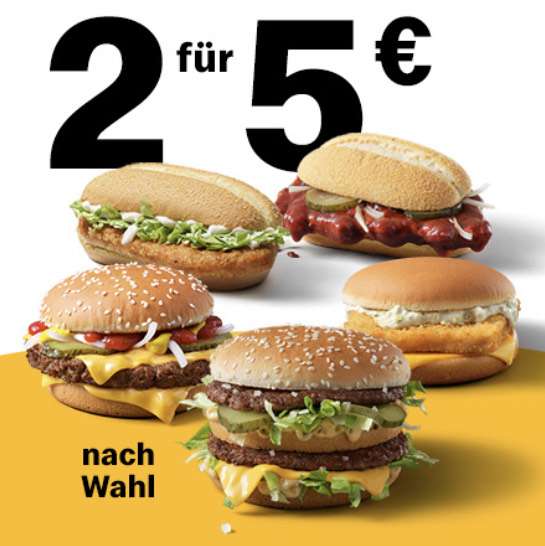 2x Klassiker nach Wahl für 5€ (z.B. McRib, Big Mac, Hamburger Royal Käse, etc.) [McDonalds]