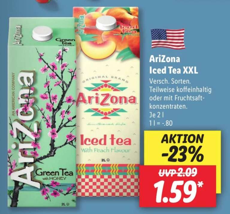 [Lidl] AriZona Iced Tea XXL 2l verschiedene Sorten für 1,59€ (0,80€/Liter) ab 25.06.2021
