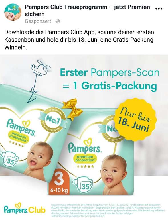 (Pampers App) 1 Packung gratis Pampers bei Neuanmeldung und Bonscannen